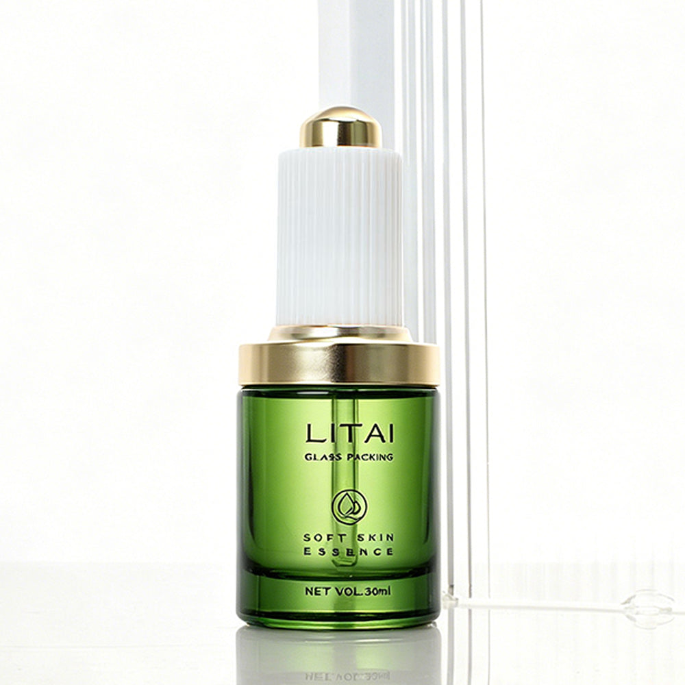 Custom Dark Green 1oz Empty 30ml Facial Oil Glass Bottles With Push Button Dropper Serum Glass Bottle With Box