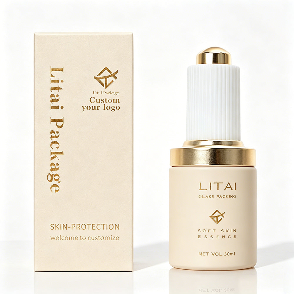 Custom Beige Luxury Hair Oil Serum Bottle 1 Oz Empty Push Press Dropper Glass Bottle 30ml With Box Packaging