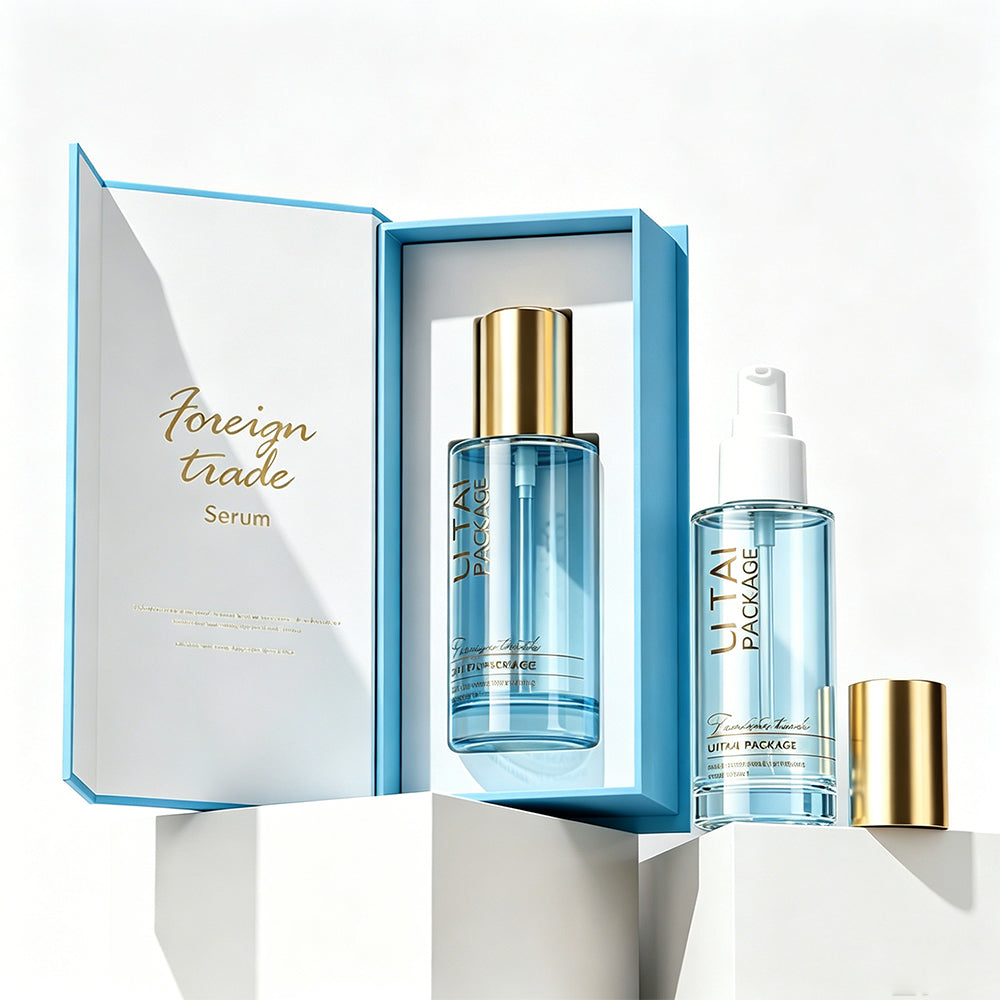 Custom Empty Blue 1oz 30ml 50ml 100ml Beard Hair Oil Serum Glass Pump Bottle With Package Box