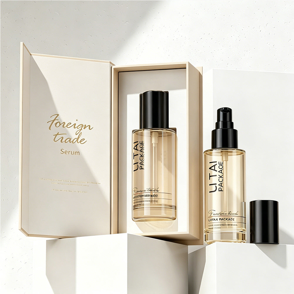 100ml Luxury Beige Frosted Glass Cosmetic Pump Bottle Empty With Packaging Box