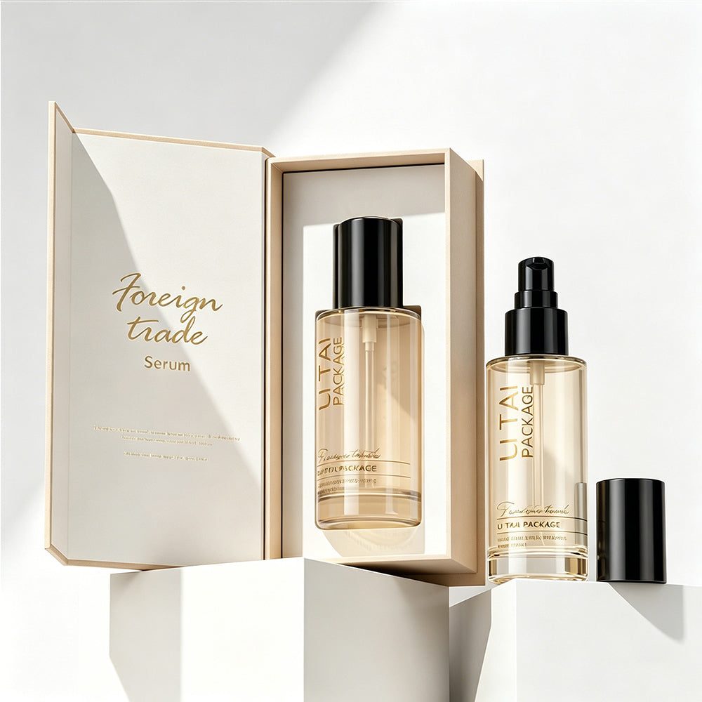 100ml Luxury Beige Frosted Glass Cosmetic Pump Bottle Empty With Packaging Box