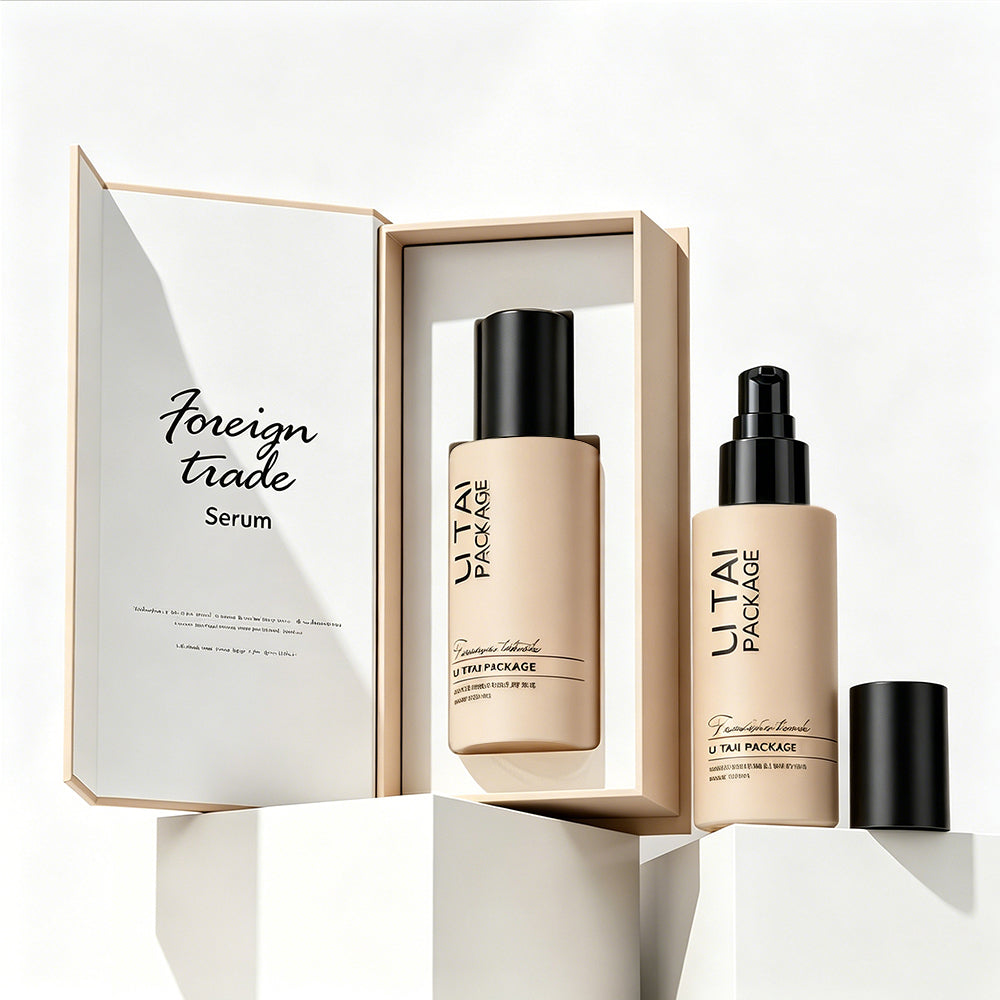 100ml Luxury Beige Frosted Glass Cosmetic Pump Bottle Empty With Packaging Box