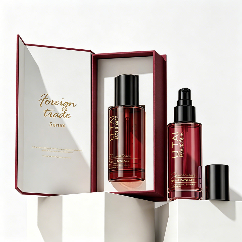 100ml Flat Shoulder Empty Burgundy Frosted Glass Pump Serum Bottles With Packaging Box