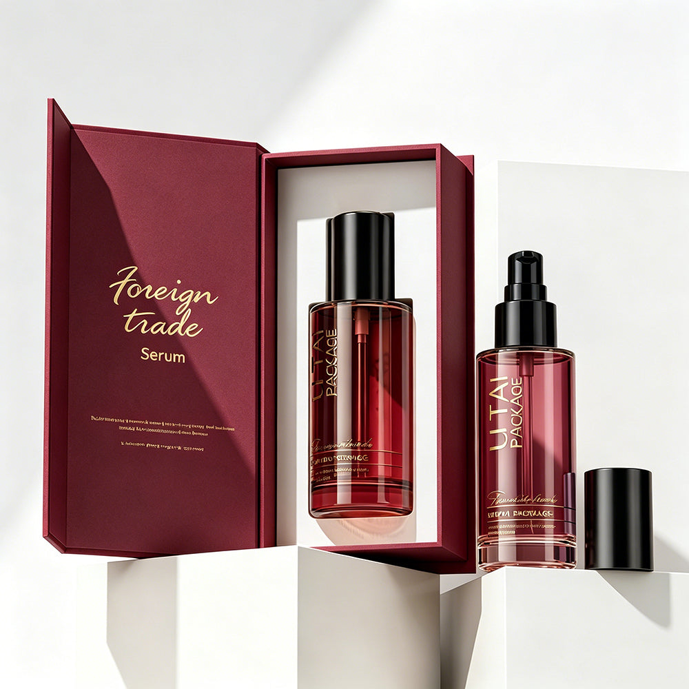 100ml Flat Shoulder Empty Burgundy Frosted Glass Pump Serum Bottles With Packaging Box