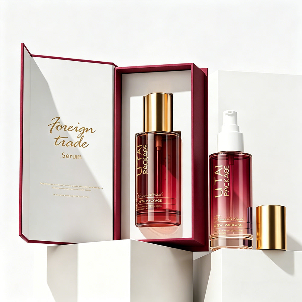 100ml Flat Shoulder Empty Burgundy Frosted Glass Pump Serum Bottles With Packaging Box