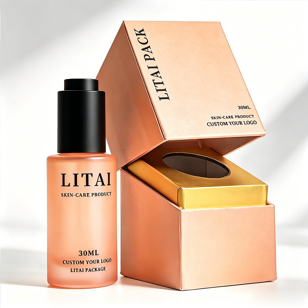 Custom 30ml 1oz Press Button Orange Empty Frosted Cosmetic Glass Face Serum Bottle With Box