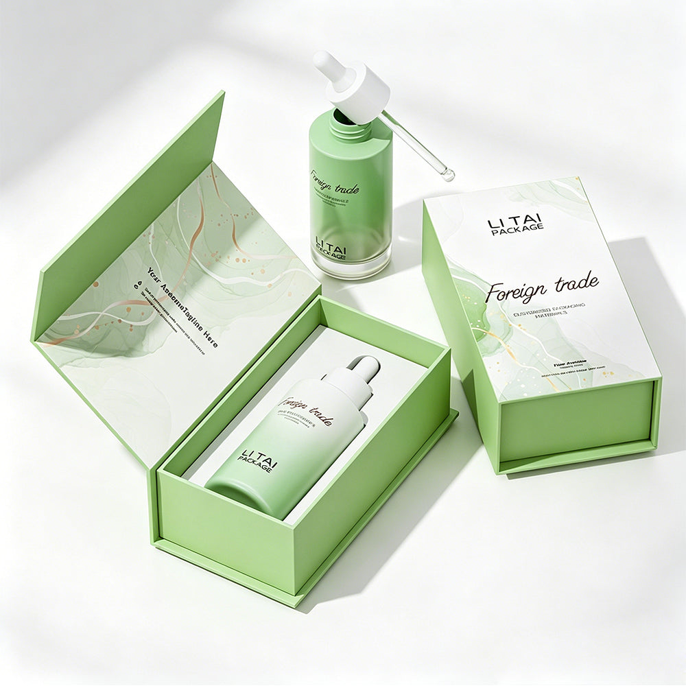30ml Frosted Green Glass Press Button Dropper Bottles Custom Empty with Packaging Box
