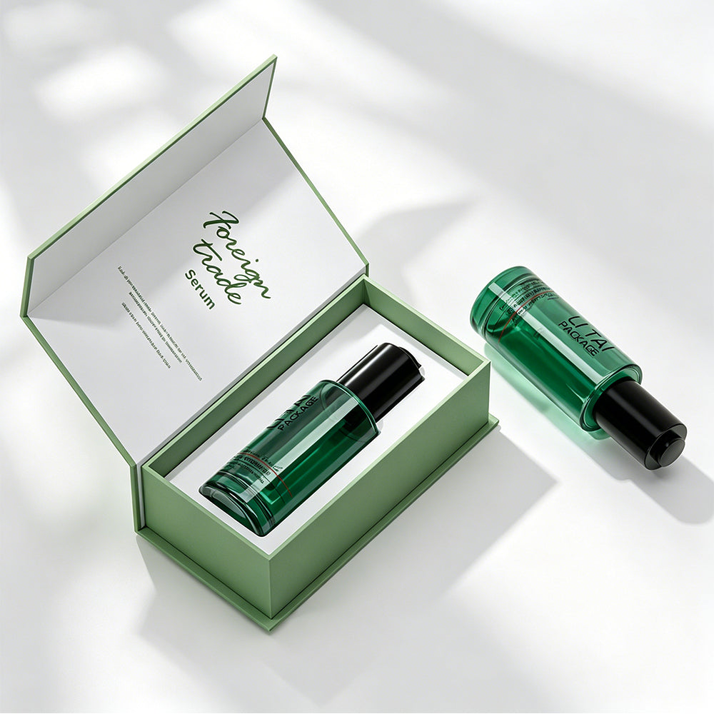 30ml Frosted Green Glass Press Button Dropper Bottles Custom Empty with Packaging Box