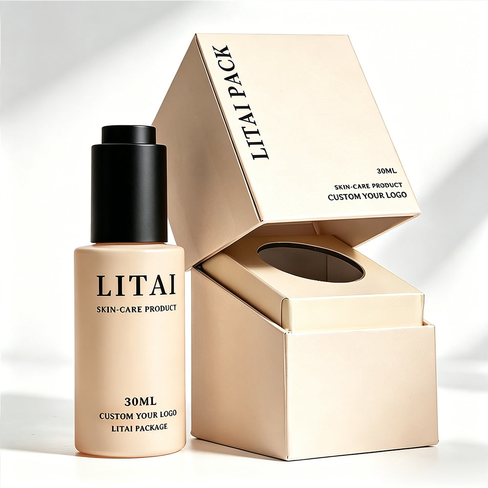 Custom Printed Beige Cosmetic Packaging Set Serum Oil Bottle 30ml for Serum Pump Bottle with Rigid Paper Gift Box