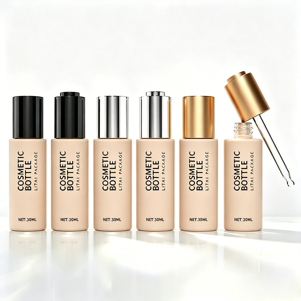 Custom Printed Beige Cosmetic Packaging Set Serum Oil Bottle 30ml for Serum Pump Bottle with Rigid Paper Gift Box