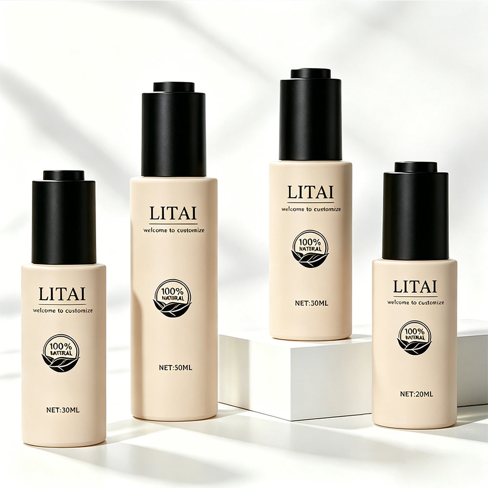 Custom Printed Beige Cosmetic Packaging Set Serum Oil Bottle 30ml for Serum Pump Bottle with Rigid Paper Gift Box