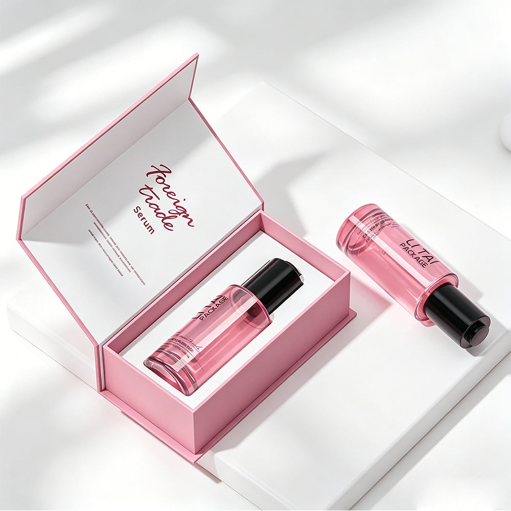 Custom 30ml 1oz Press Button Orange Empty Frosted Cosmetic Glass Face Serum Bottle With Box