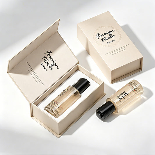 Custom Printed Beige Cosmetic Packaging Set Serum Oil Bottle 30ml for Serum Pump Bottle with Rigid Paper Gift Box