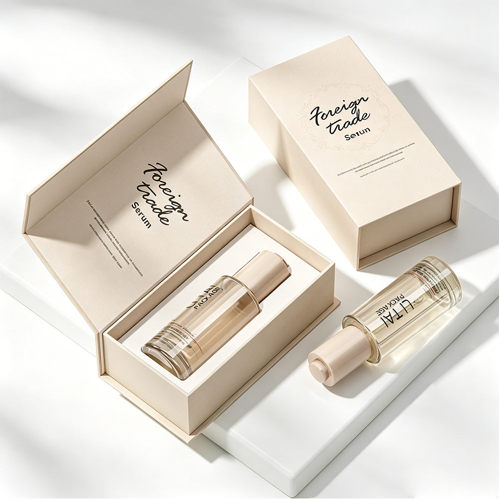 Custom Printed Beige Cosmetic Packaging Set Serum Oil Bottle 30ml for Serum Pump Bottle with Rigid Paper Gift Box