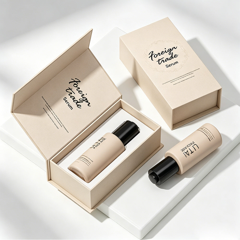 Custom Printed Beige Cosmetic Packaging Set Serum Oil Bottle 30ml for Serum Pump Bottle with Rigid Paper Gift Box