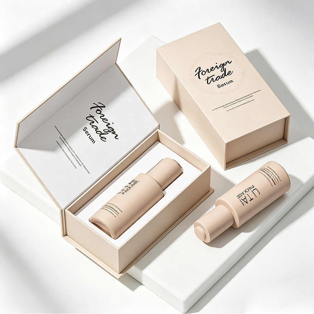 Custom Printed Beige Cosmetic Packaging Set Serum Oil Bottle 30ml for Serum Pump Bottle with Rigid Paper Gift Box