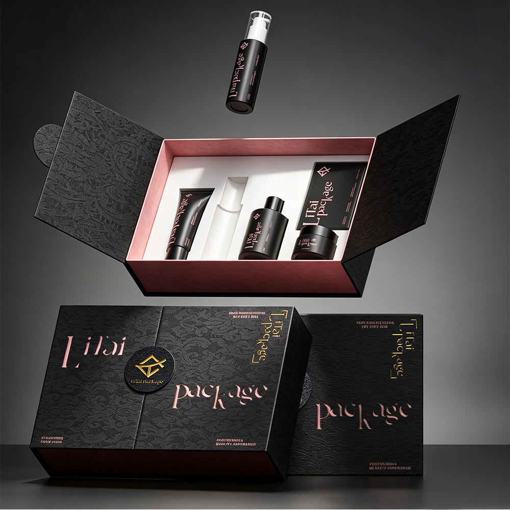 High-end Black Lace Pattern Cosmetic Gift Box Set Empty Professional Skin Care Packaging Solutions