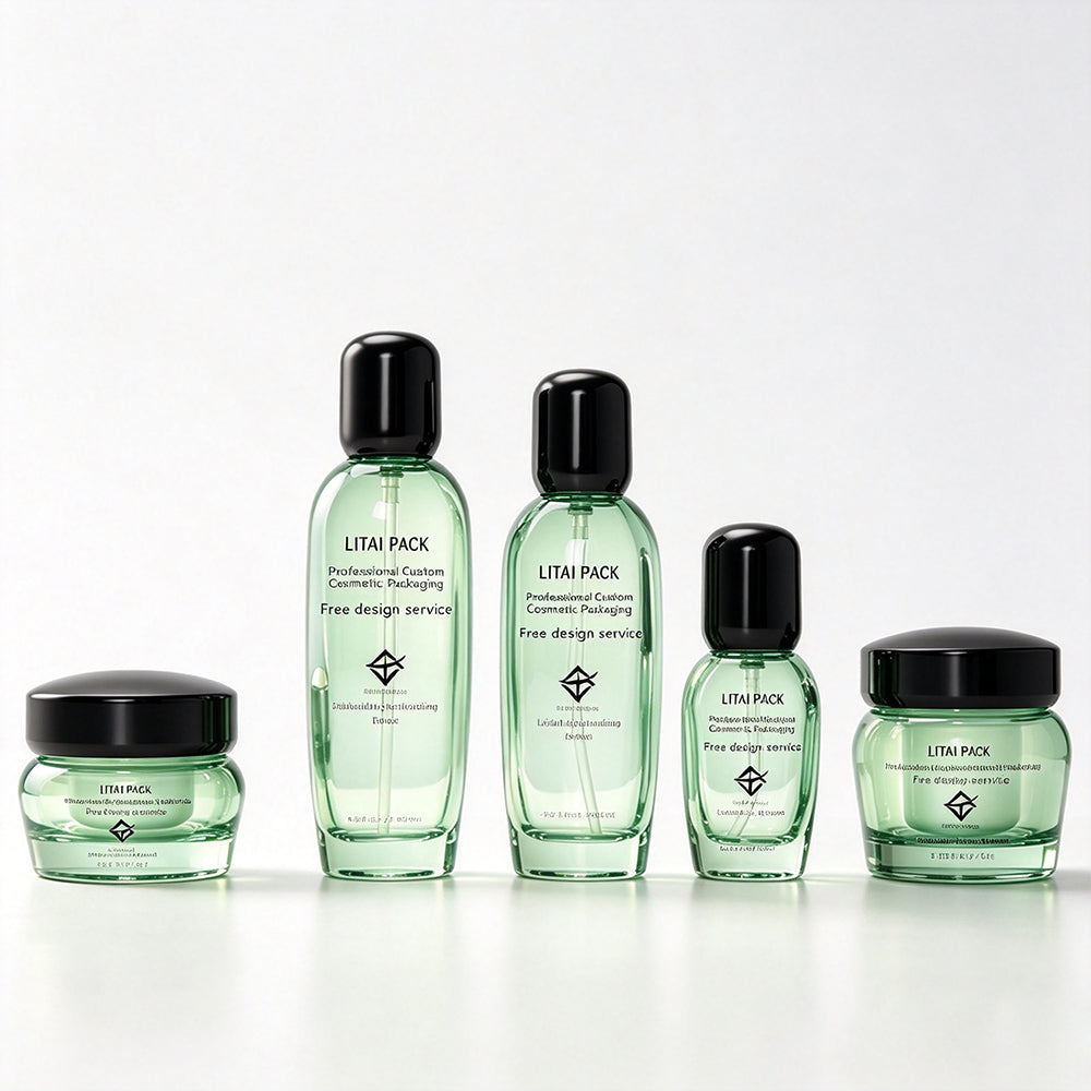 Empty Transparent Grass Green Glass Custom Lotion Glass Pump Bottle Face Cream Jar Set