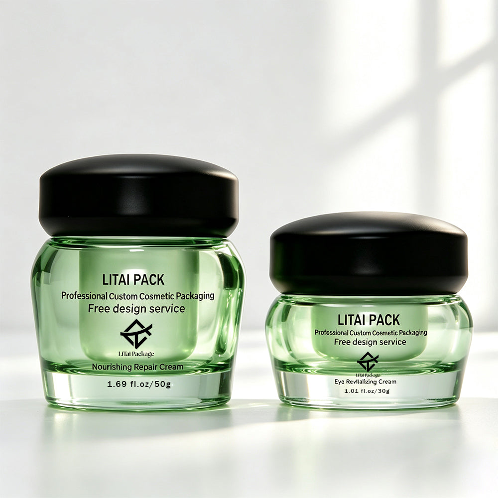 Empty Transparent Grass Green Glass Custom Lotion Glass Pump Bottle Face Cream Jar Set