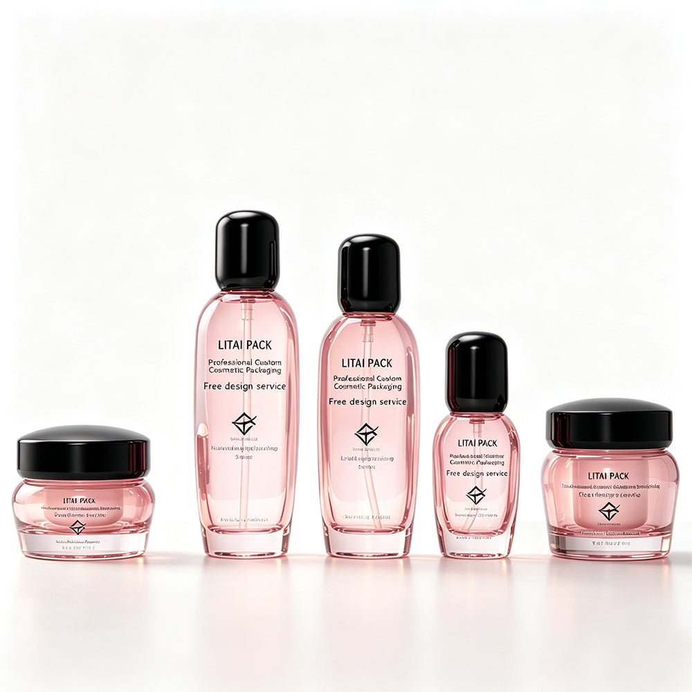 Luxury Frosted Clear Pink Glass Skincare Packaging Lotion Bottle With Golden Pump