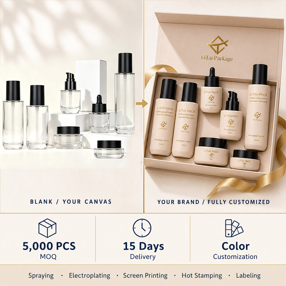 Customized Beige Cosmetic Skincare Packaging 30 100 ml Empty 1oz Cylinder Flat Shoulder Glass Dropper Serum Pump Bottle with Box