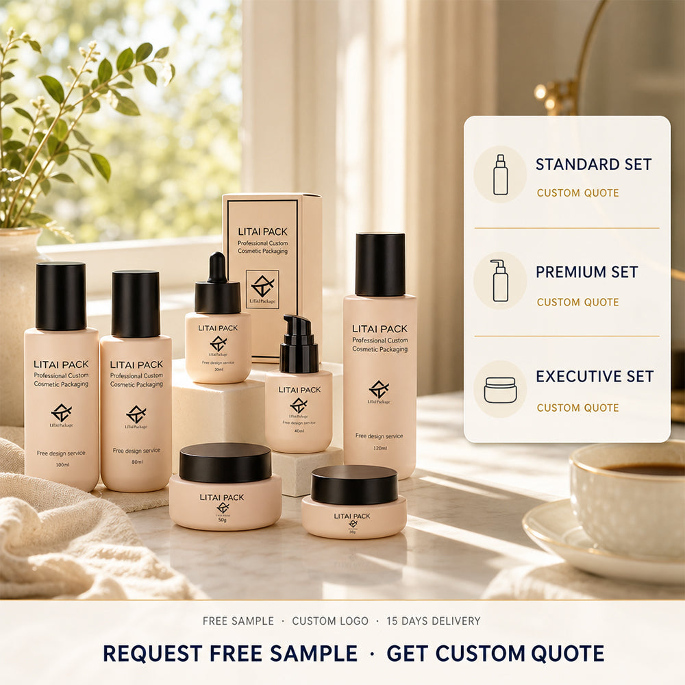 Customized Beige Cosmetic Skincare Packaging 30 100 ml Empty 1oz Cylinder Flat Shoulder Glass Dropper Serum Pump Bottle with Box