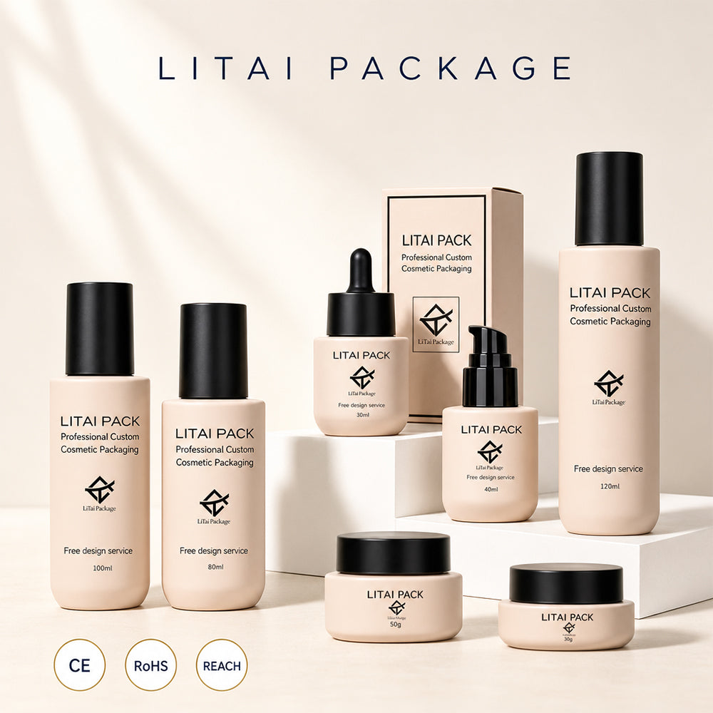 Customized Beige Cosmetic Skincare Packaging 30 100 ml Empty 1oz Cylinder Flat Shoulder Glass Dropper Serum Pump Bottle with Box