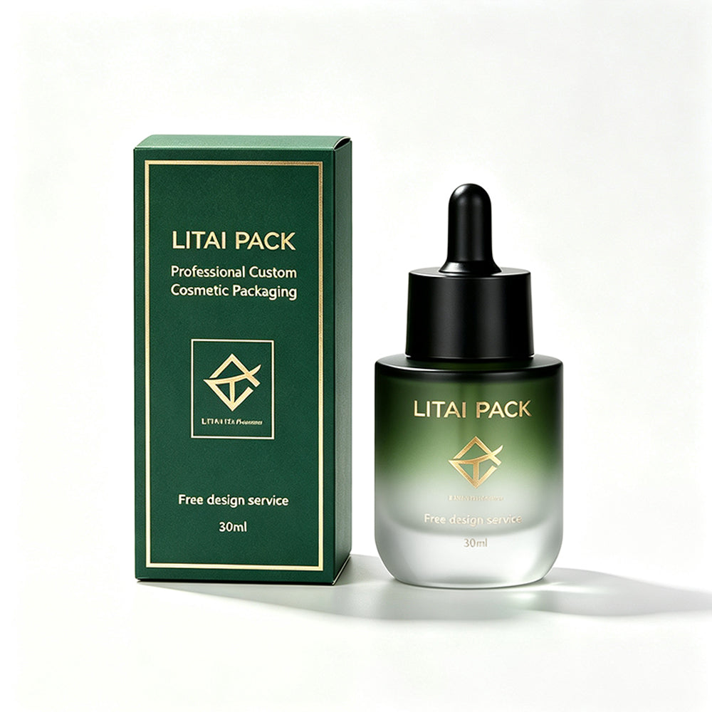 Empty 30ml 40ml 80ml Serum Oil Dropper Pump Bottle Luxury Flat Shoulder Frosted Green Gradient Custom With Box