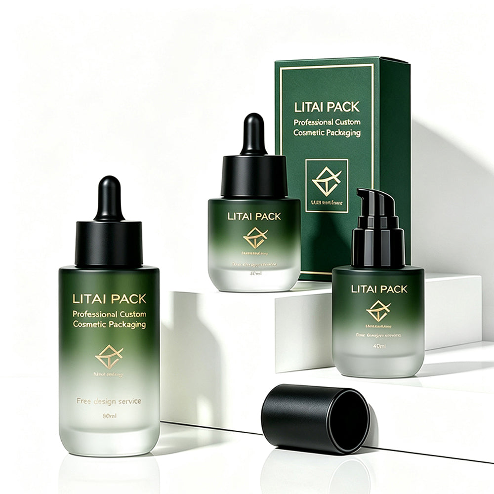 Empty 30ml 40ml 80ml Serum Oil Dropper Pump Bottle Luxury Flat Shoulder Frosted Green Gradient Custom With Box