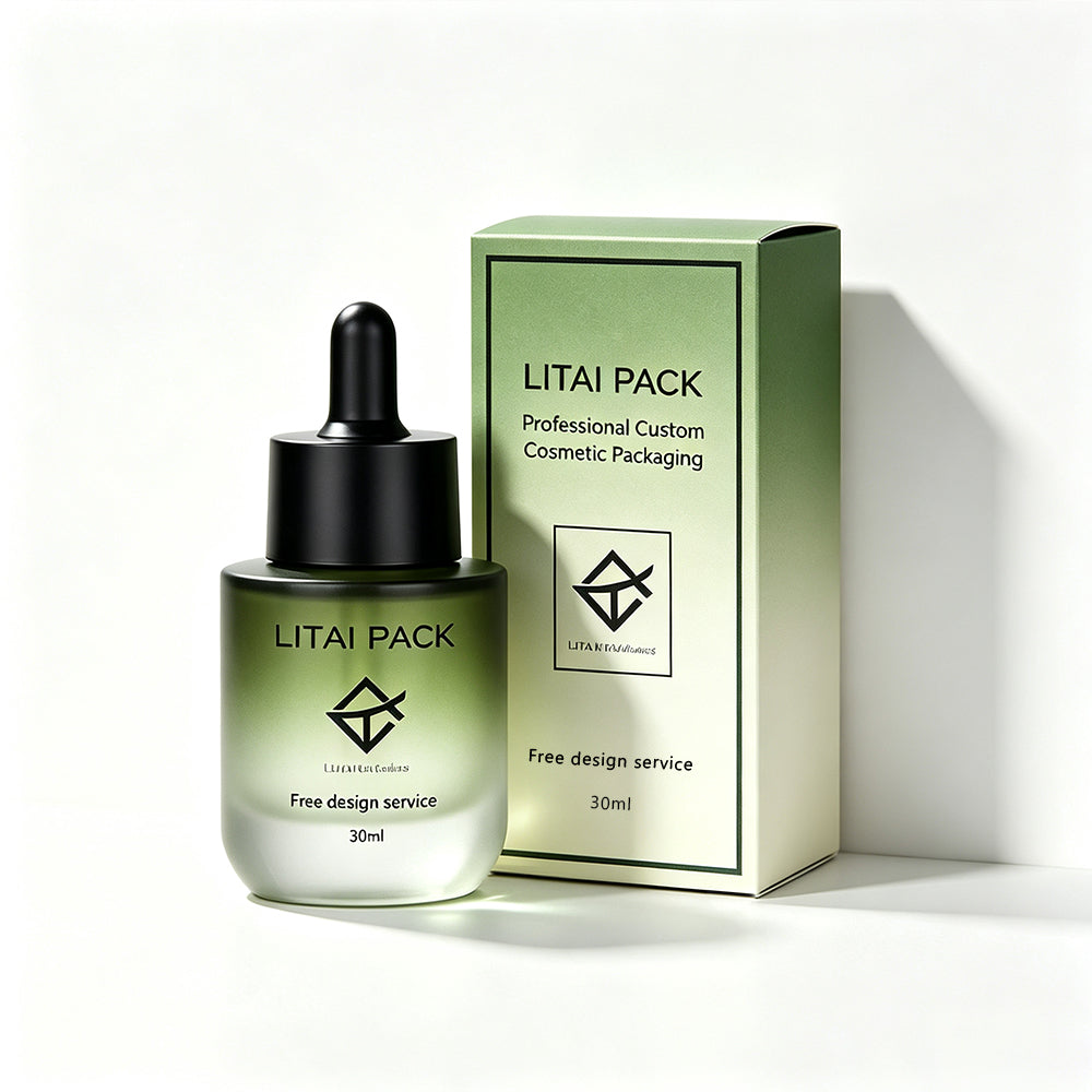 Empty 30ml 40ml 80ml Serum Oil Dropper Pump Bottle Luxury Flat Shoulder Frosted Green Gradient Custom With Box