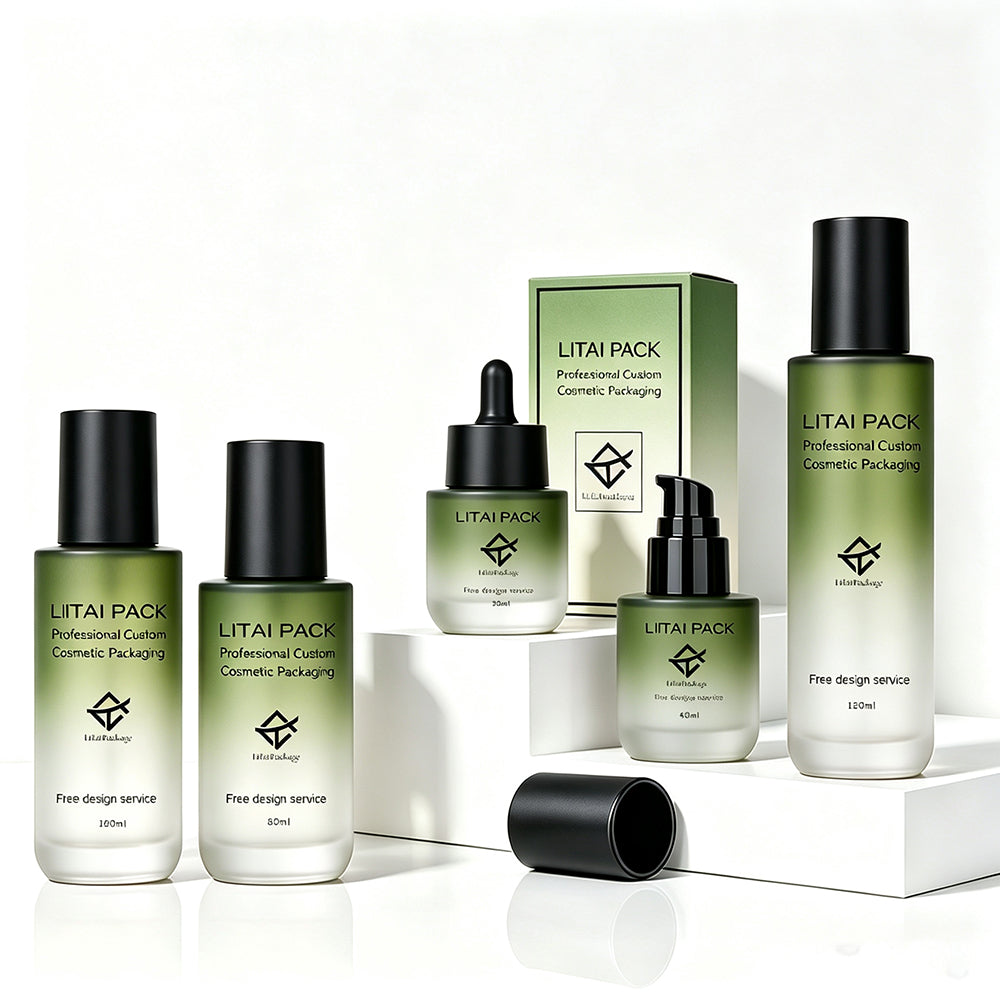 Empty 30ml 40ml 80ml Serum Oil Dropper Pump Bottle Luxury Flat Shoulder Frosted Green Gradient Custom With Box