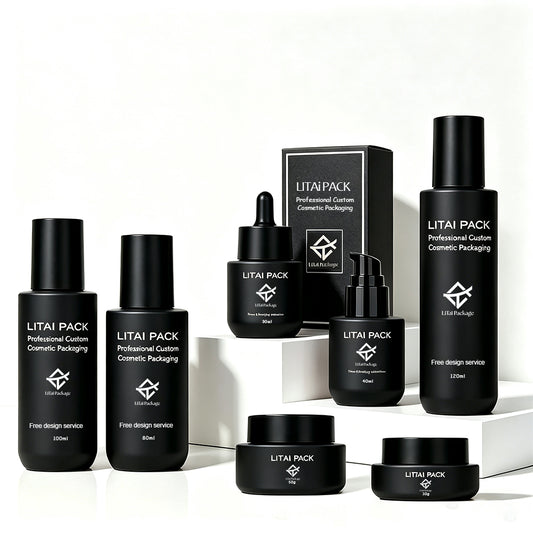 Matte Black Glass Pump Bottle and Dropper Bottle Set Empty for Brand Custom with Box
