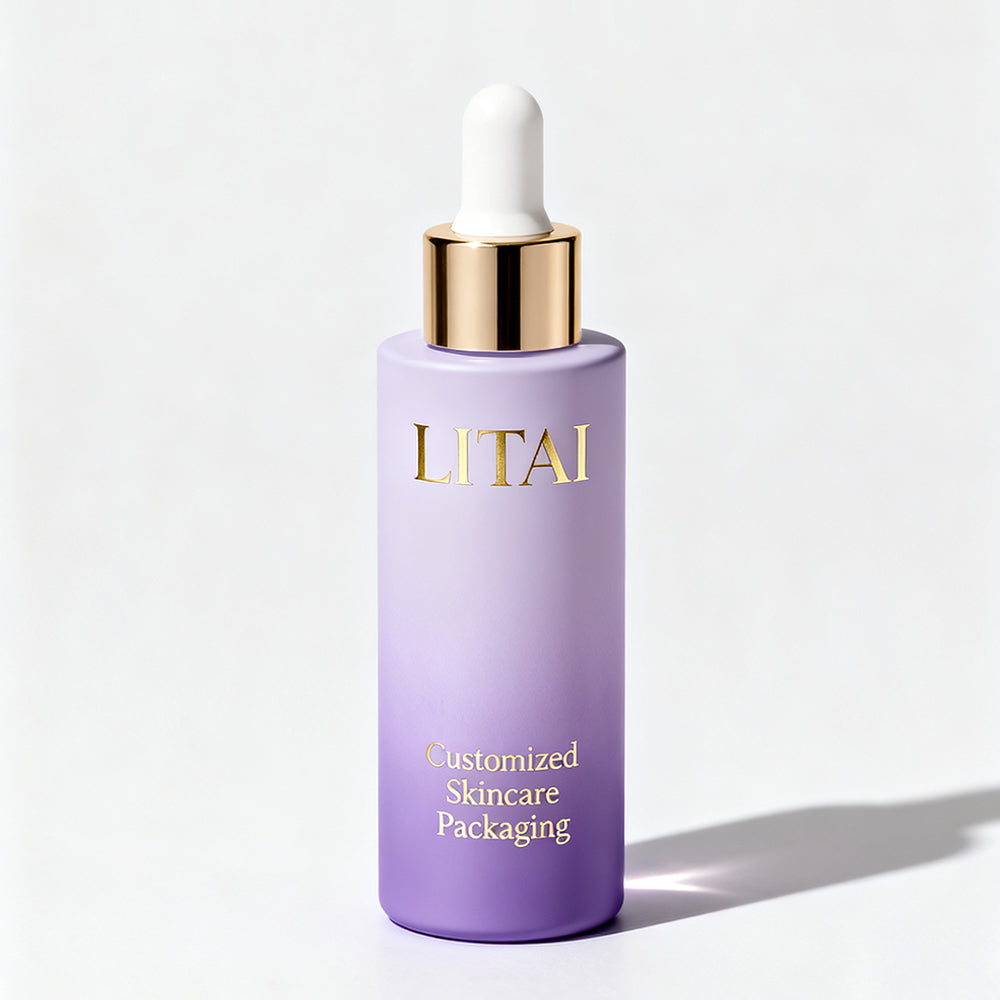 Customized Cosmetic Flat Shoulder Matte purple Glass Bottle With Dropper for Essential Oil Serum