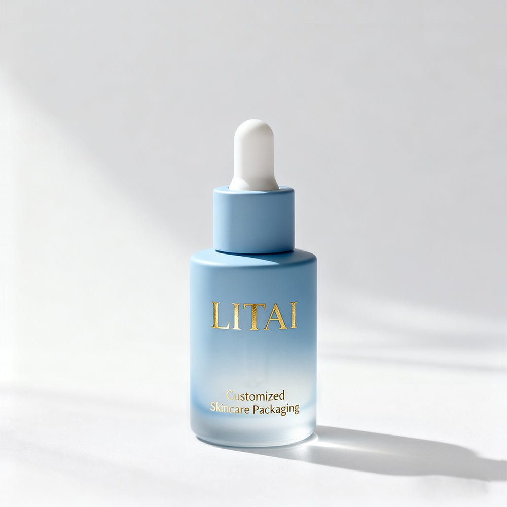 Customized Cosmetic Flat Shoulder Matte purple Glass Bottle With Dropper for Essential Oil Serum