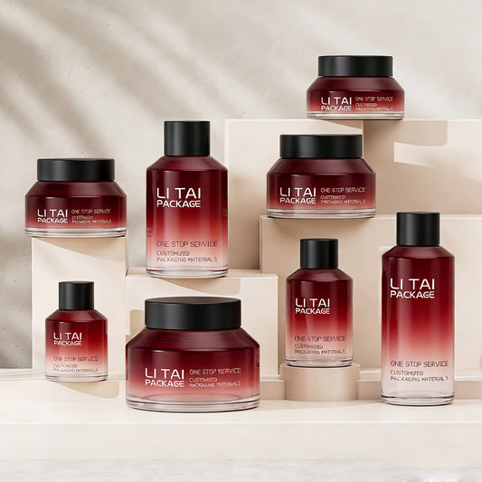 New Design Wine Red Gradient Glass Lotion Pump Bottle Cream Jar Set 100ml Custom Luxury Frosted Cosmetic Packaging for Skincare