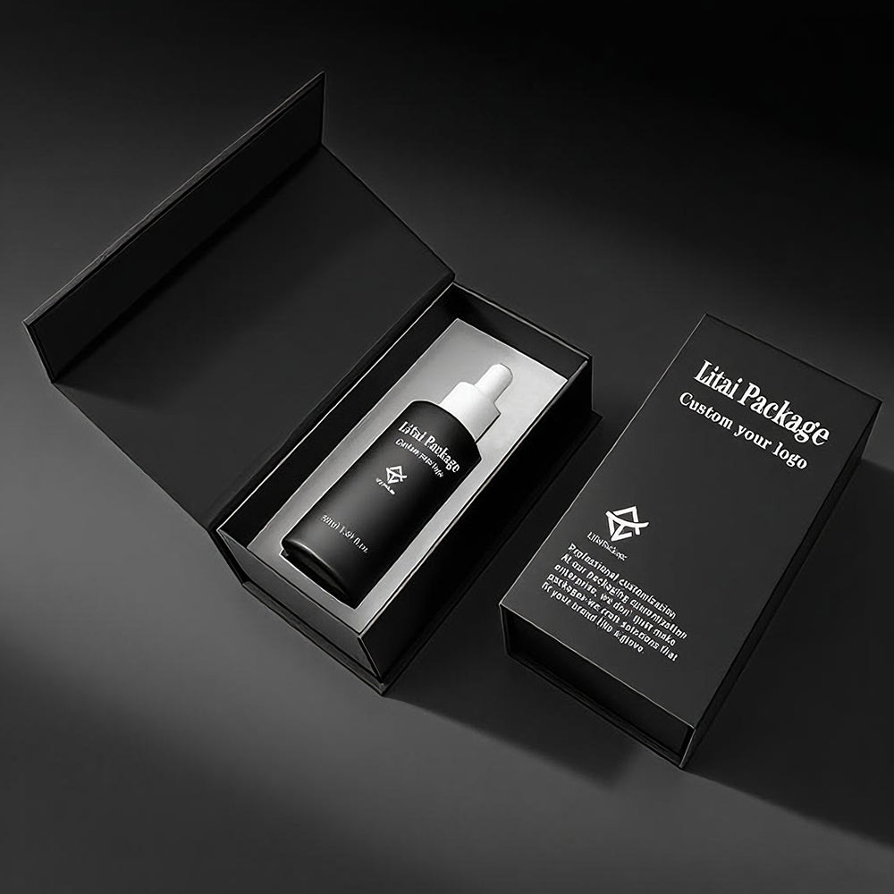 Custom Black Flat Shoulder 30ml 50ml 100ml Hair Oil Serum Skincare Frosted Glass Dropper Bottle with Packaging Gift Box