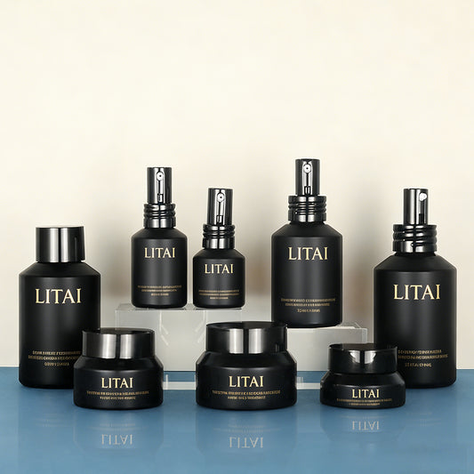 Custom Unique Matte Black Glass Cosmetic Packaging Set Luxury Skincare Packaging Containers Bottle and Jar for Lotion and Cream