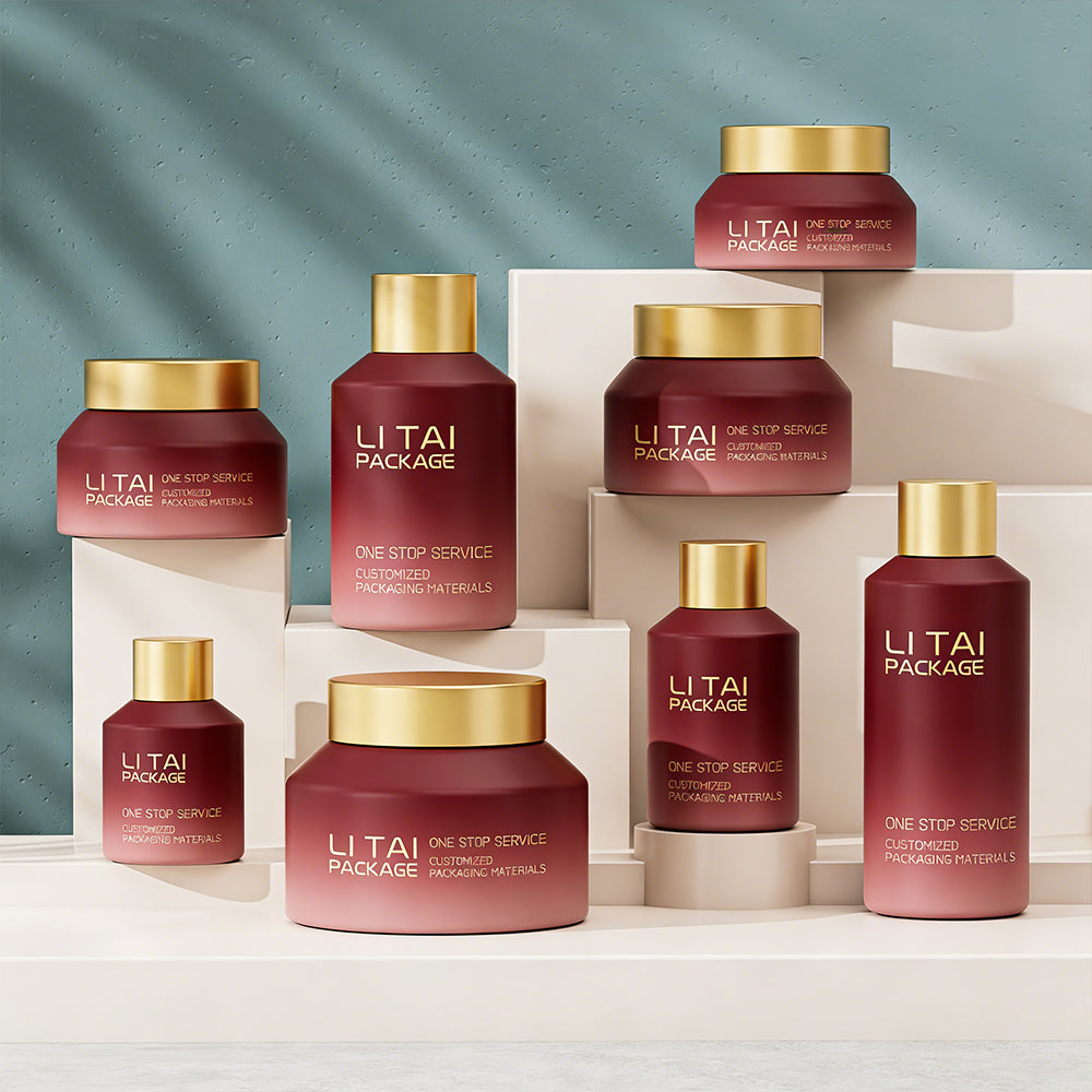 New Design Wine Red Gradient Glass Lotion Pump Bottle Cream Jar Set 100ml Custom Luxury Frosted Cosmetic Packaging for Skincare