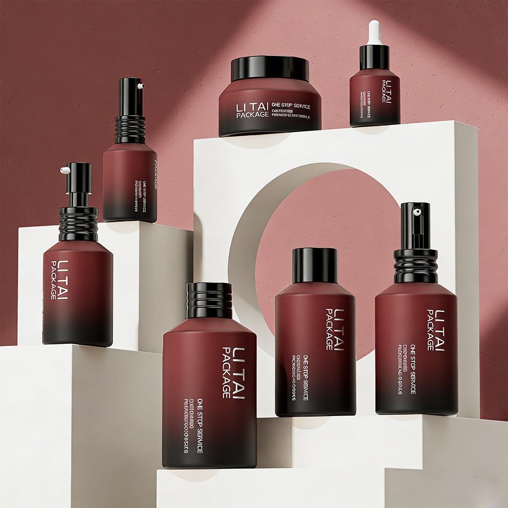 New Design Wine Red Gradient Glass Lotion Pump Bottle Cream Jar Set 100ml Custom Luxury Frosted Cosmetic Packaging for Skincare