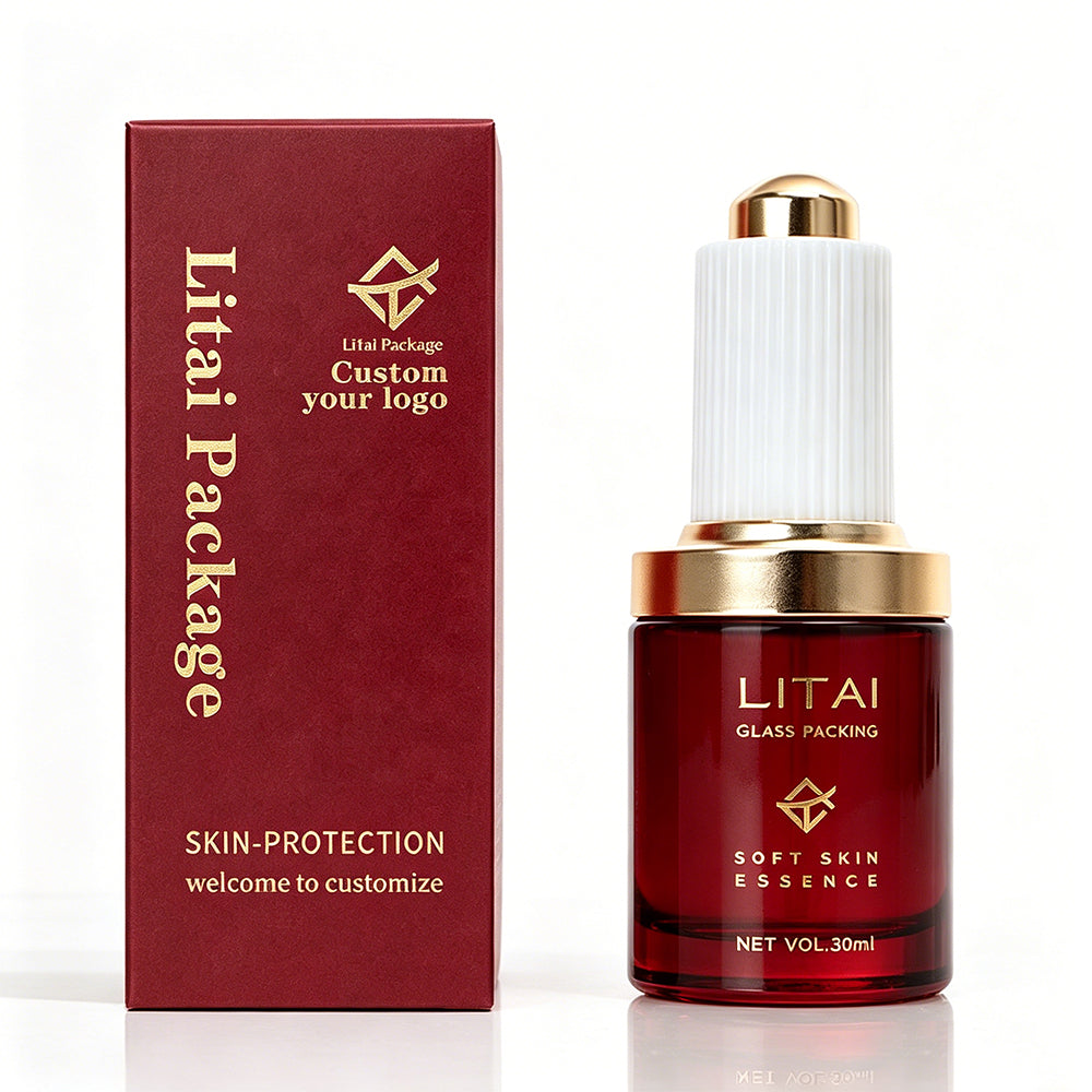 Round Empty 30ml Luxury Serum Bottle Customize Matte Transparent Dark Red Skincare Glass Dropper Bottle With Box