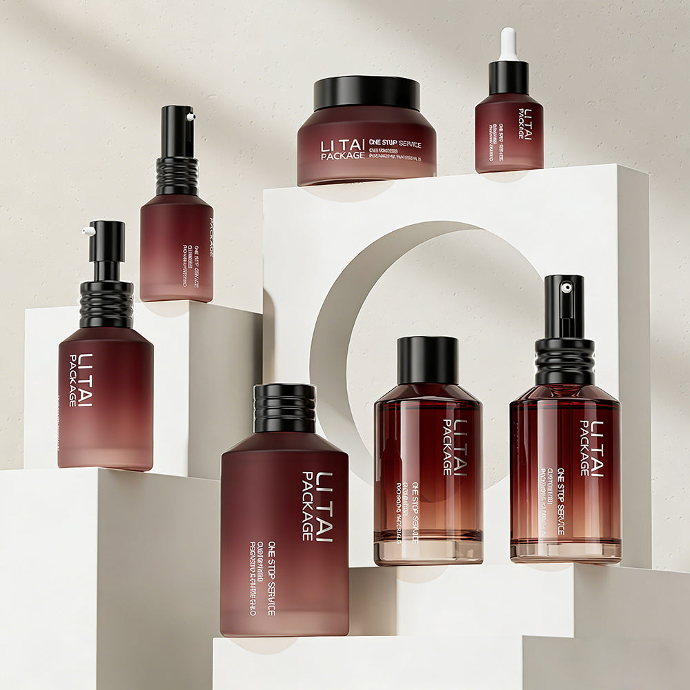 New Design Wine Red Gradient Glass Lotion Pump Bottle Cream Jar Set 100ml Custom Luxury Frosted Cosmetic Packaging for Skincare