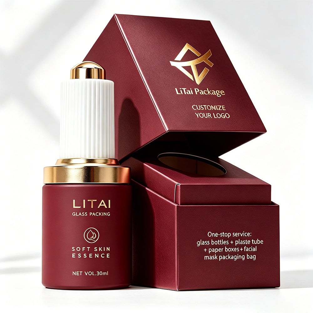 Round Empty 30ml Luxury Serum Bottle Customize Matte Transparent Dark Red Skincare Glass Dropper Bottle With Box